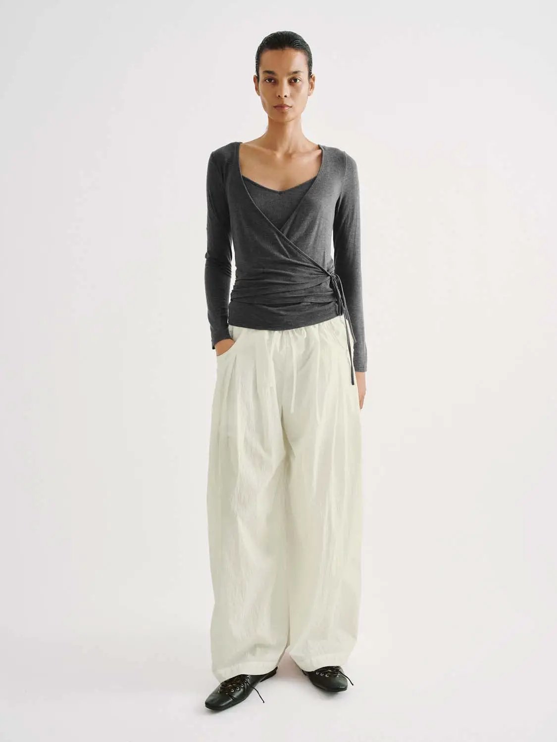 Wrap Front Ruched V-neck Long Sleeve T-shirt