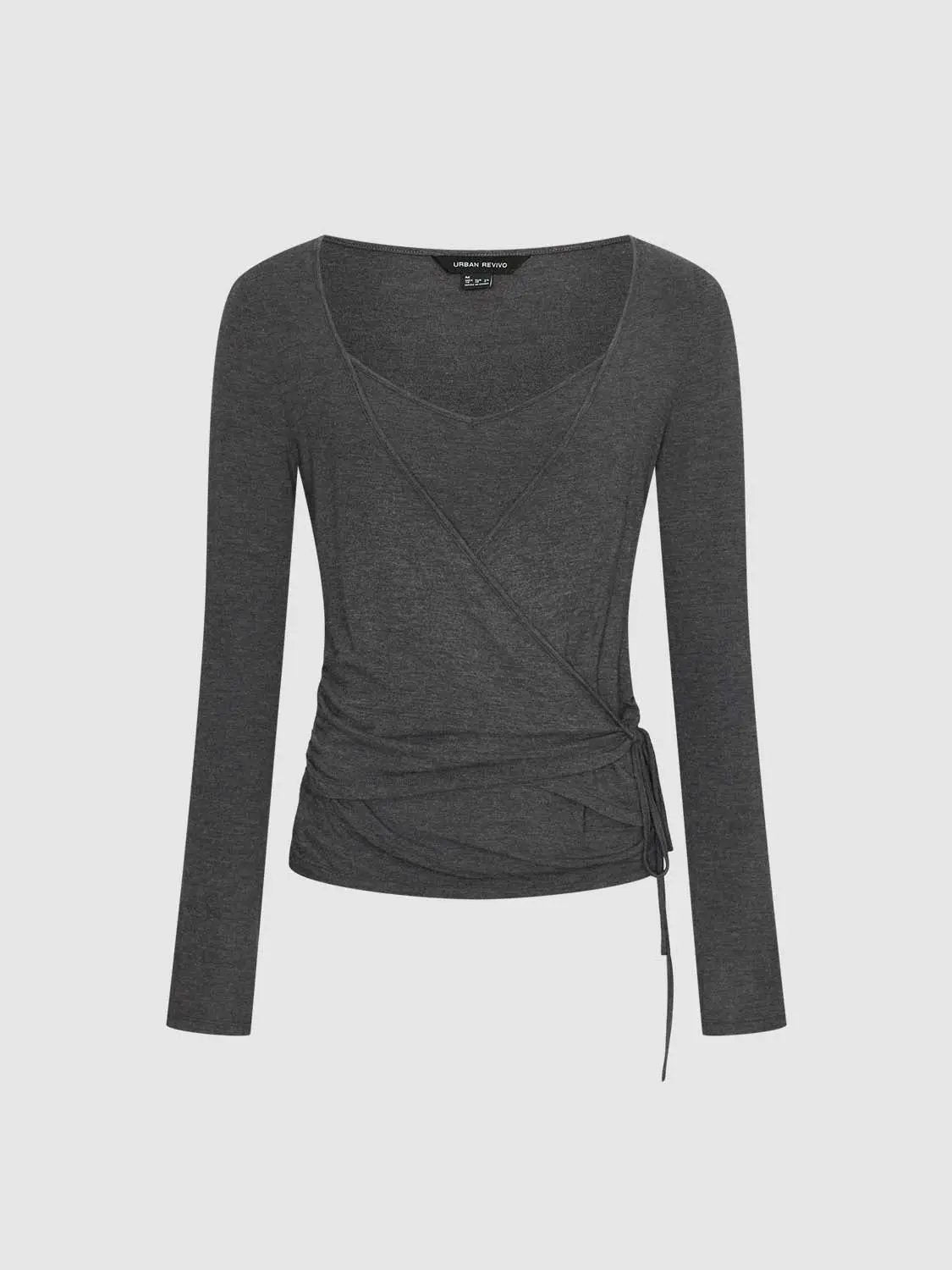 Wrap Front Ruched V-neck Long Sleeve T-shirt