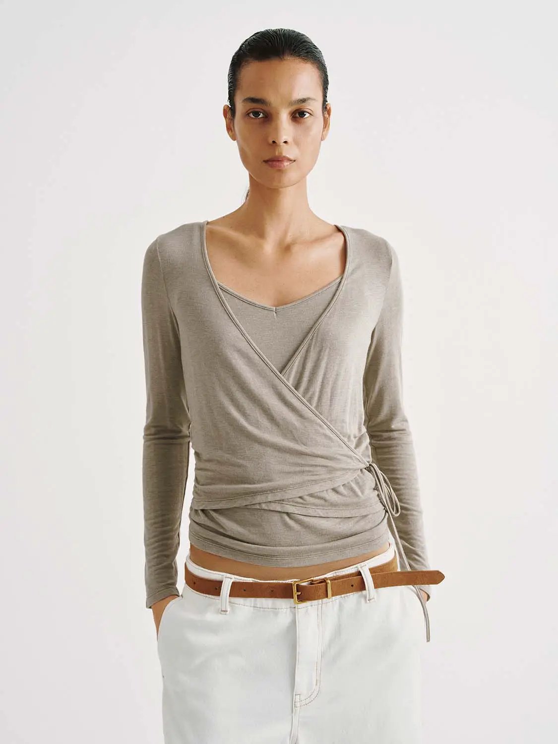 Wrap Front Ruched V-neck Long Sleeve T-shirt