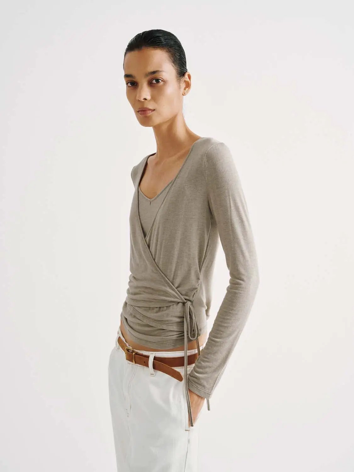 Wrap Front Ruched V-neck Long Sleeve T-shirt