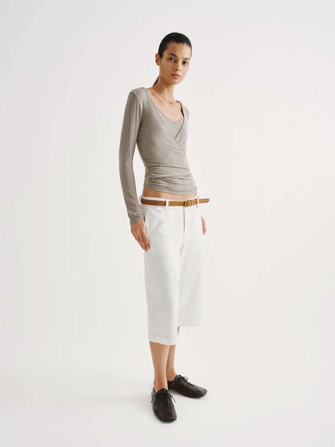 Wrap Front Ruched V-neck Long Sleeve T-shirt