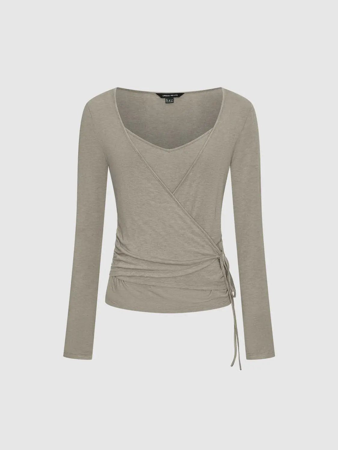 Wrap Front Ruched V-neck Long Sleeve T-shirt