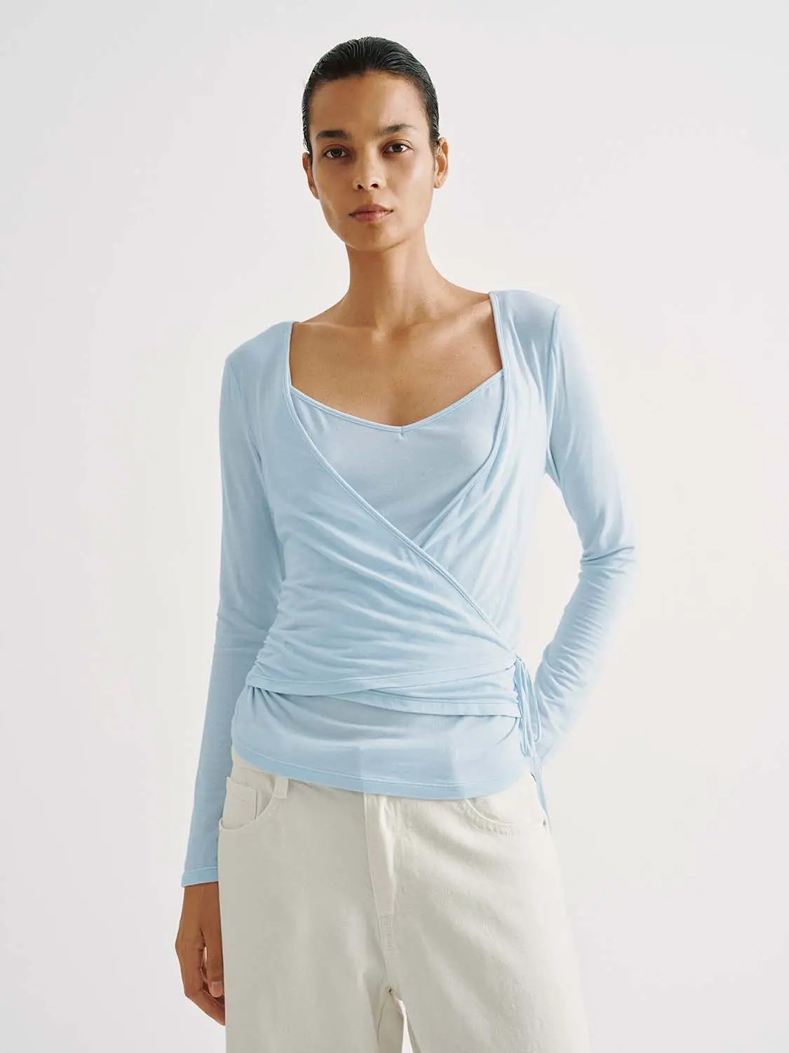 Wrap Front Ruched V-neck Long Sleeve T-shirt