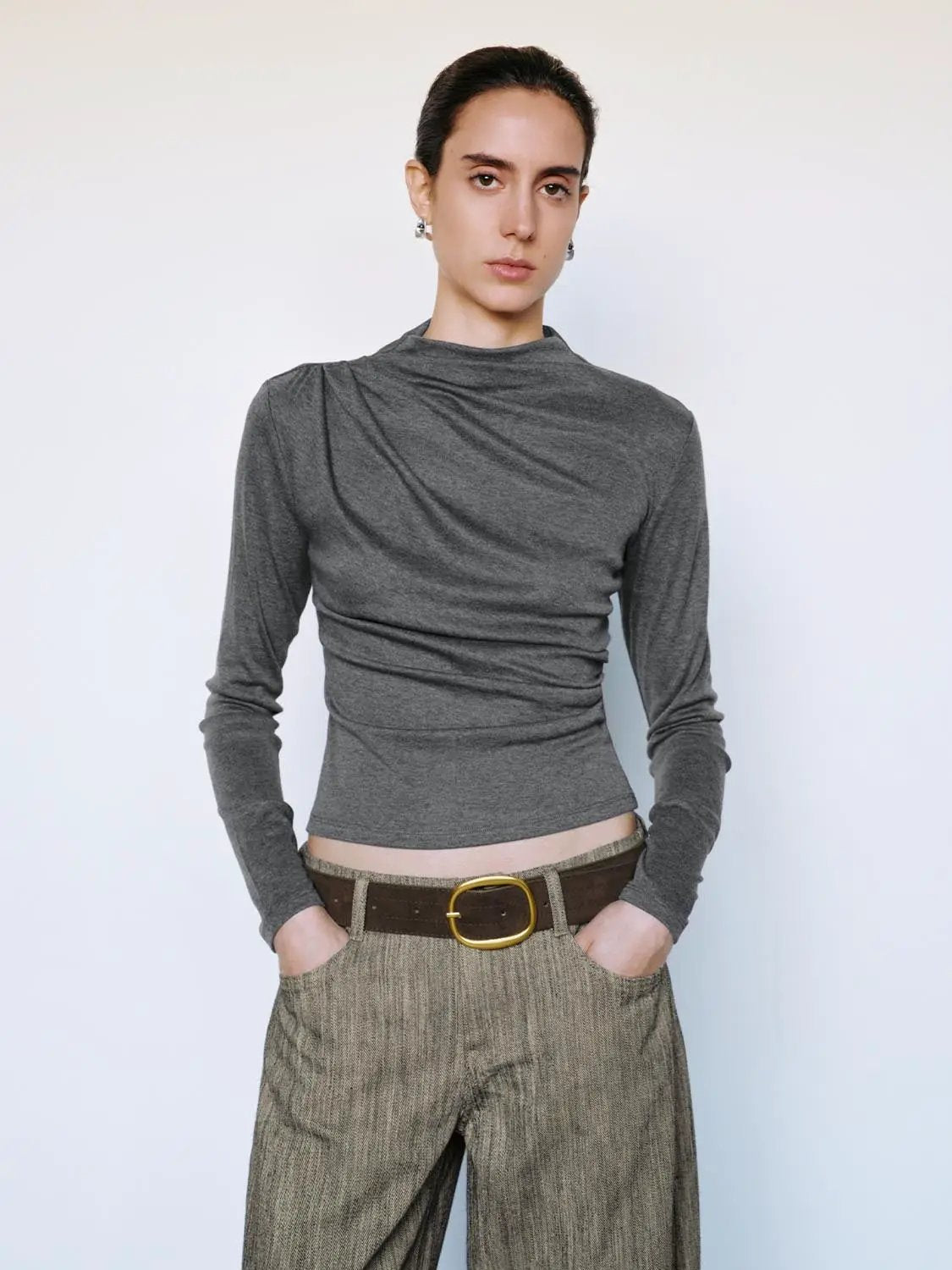 Ruched Draped Mock Neck Long Sleeve T-Shirt