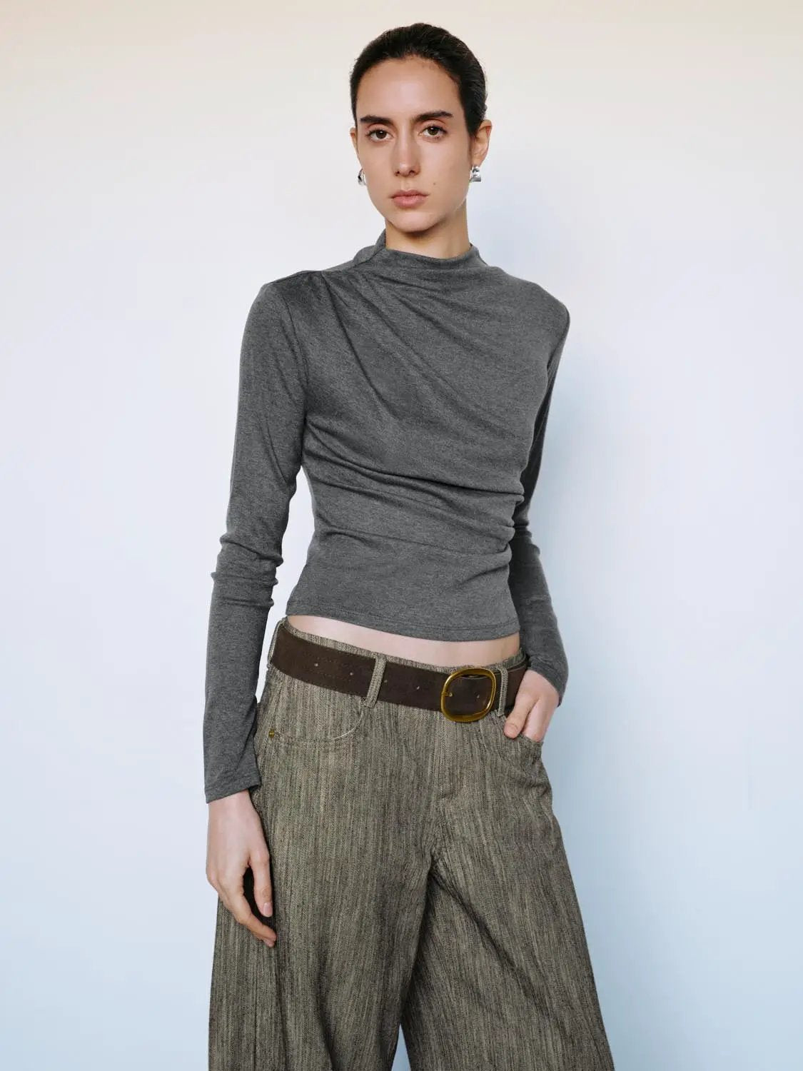 Ruched Draped Mock Neck Long Sleeve T-Shirt