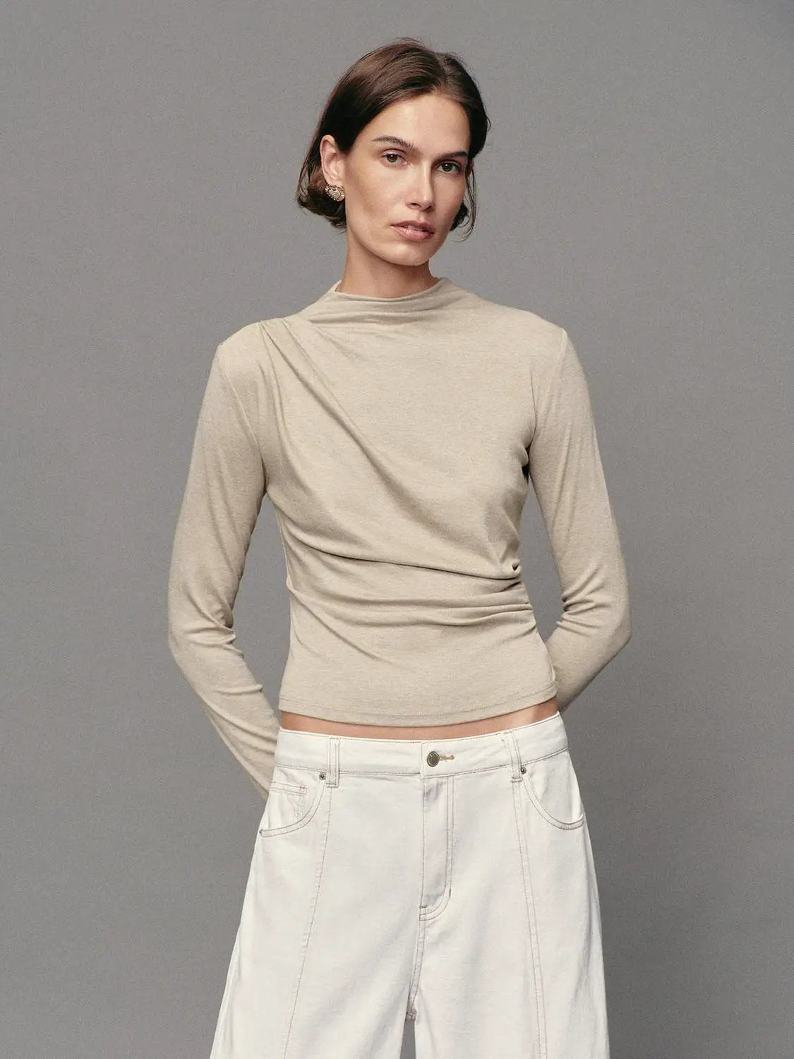 Ruched Draped Mock Neck Long Sleeve T-Shirt