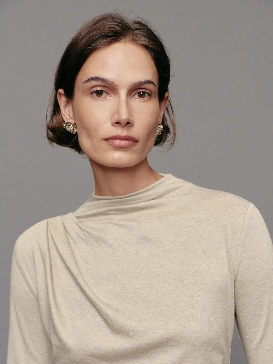 Ruched Draped Mock Neck Long Sleeve T-Shirt