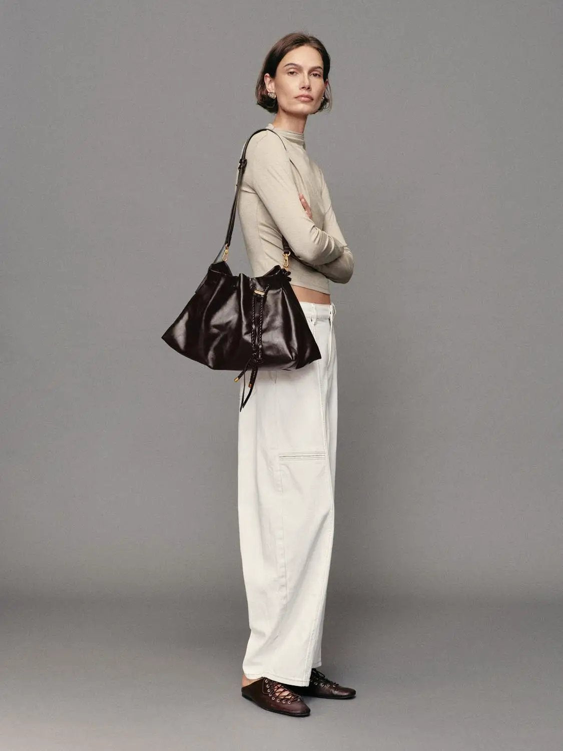 Ruched Draped Mock Neck Long Sleeve T-Shirt