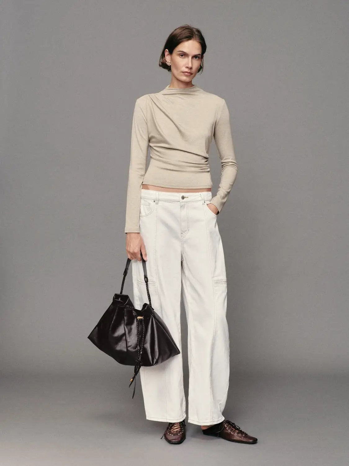 Ruched Draped Mock Neck Long Sleeve T-Shirt