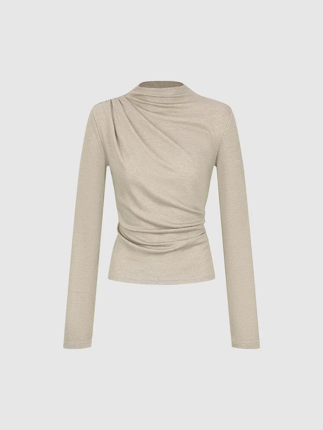 Ruched Draped Mock Neck Long Sleeve T-Shirt