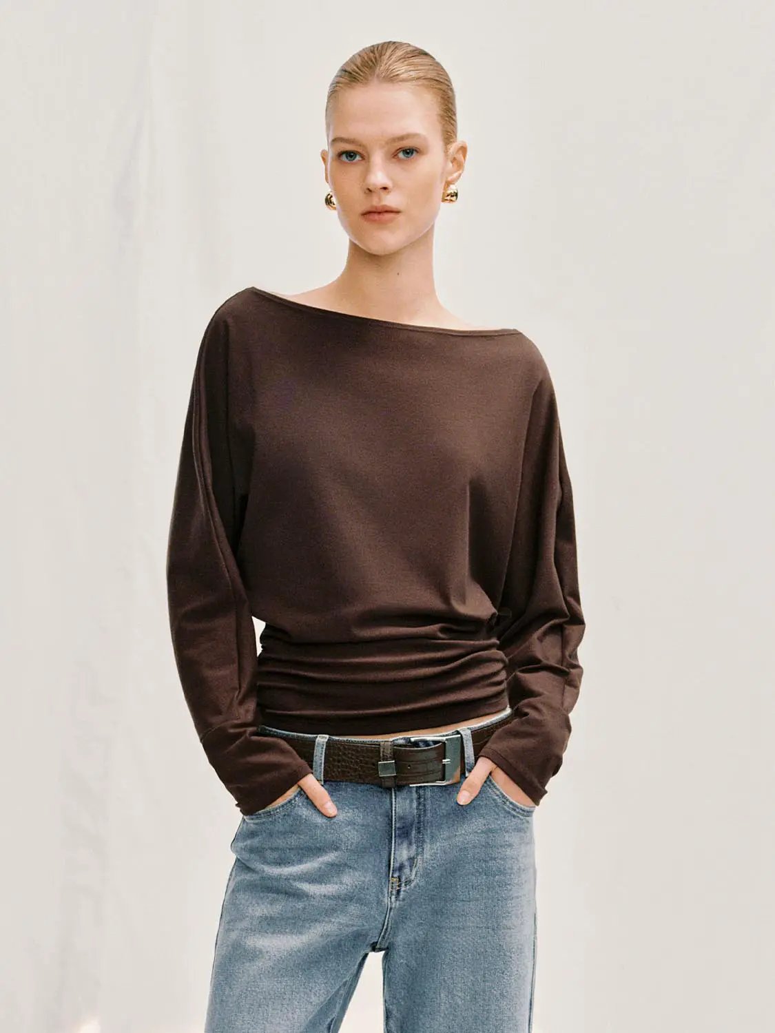 Boat Neck White Long Sleeve Cotton T-shirt