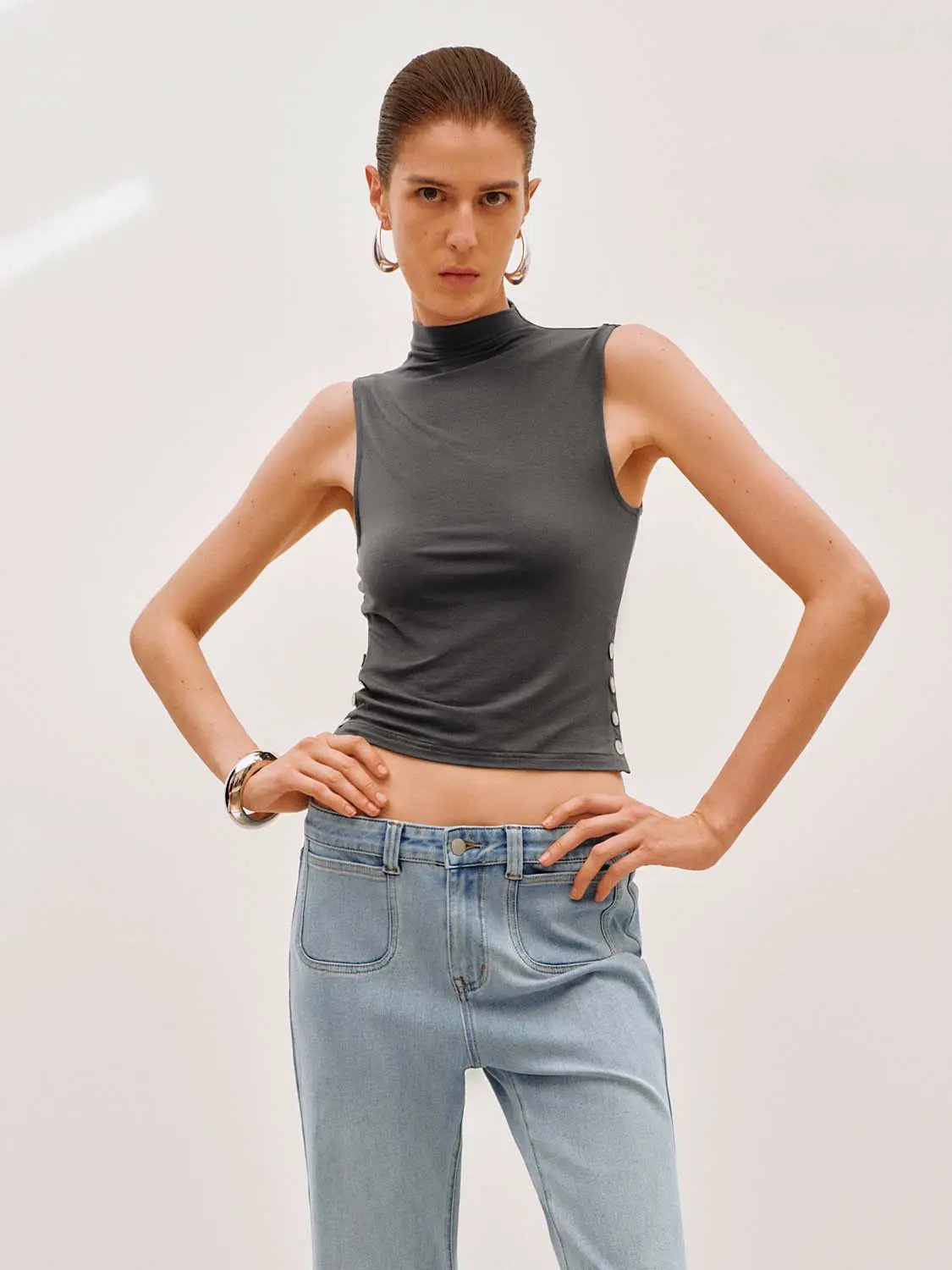 Mock Neck Sleeveless Slim Lyocell Tank Top