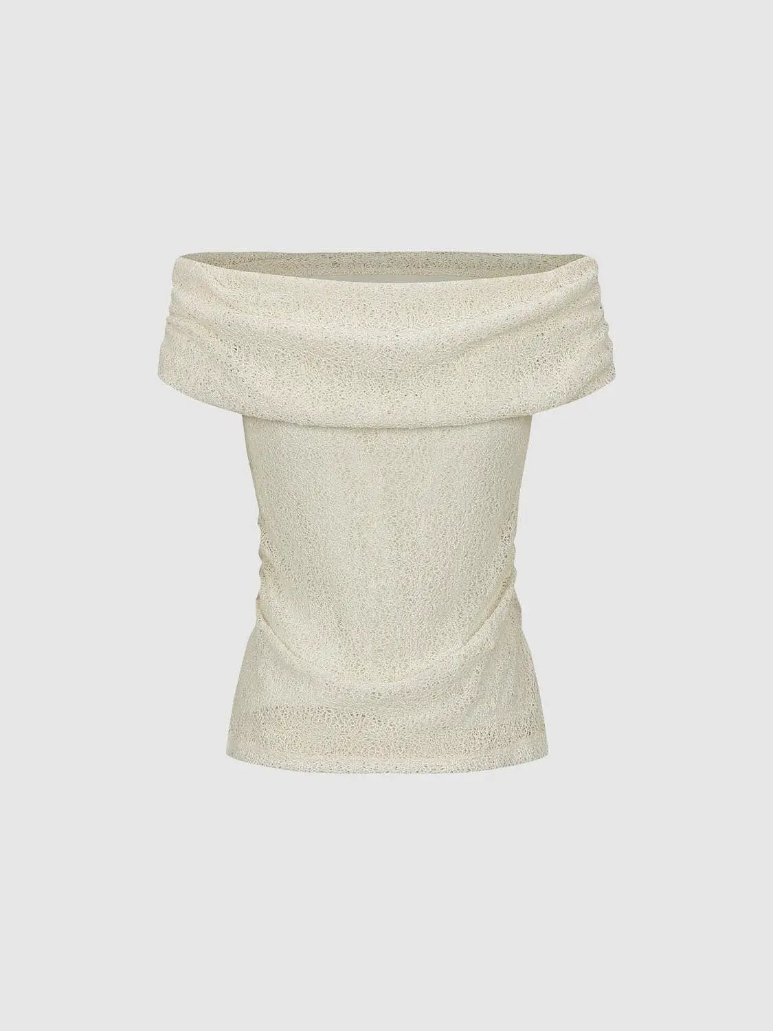 Fitted Off-Shoulder Wide Neckline Textured T-Shirt