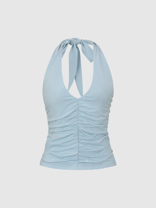 Ruched Front Tie Neck Sleeveless Tank Top