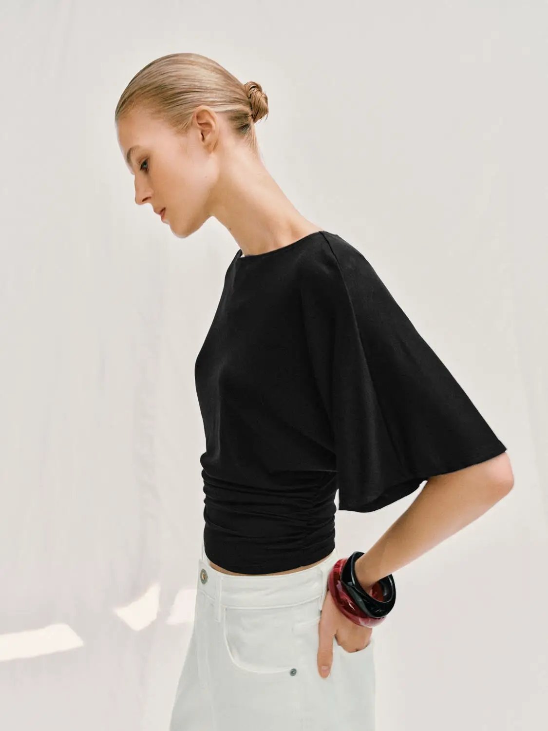 Draped Short Sleeve Ruched Waist T-shirt