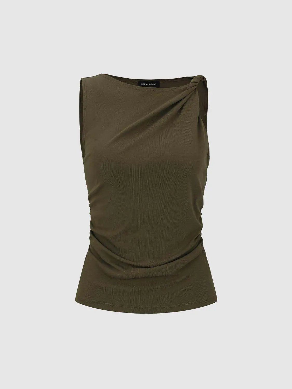 Draped Cowl Neck Ruched Waist Sleeveless Fitted Top