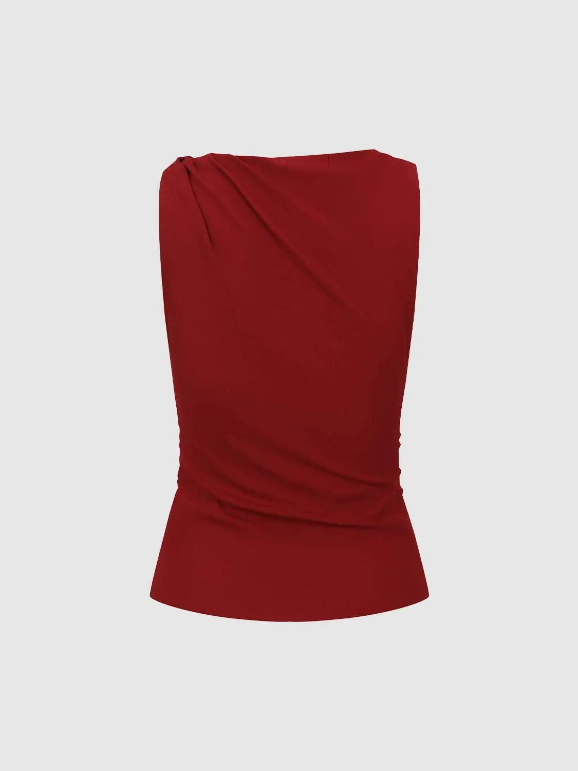 Draped Cowl Neck Ruched Waist Sleeveless Fitted Top