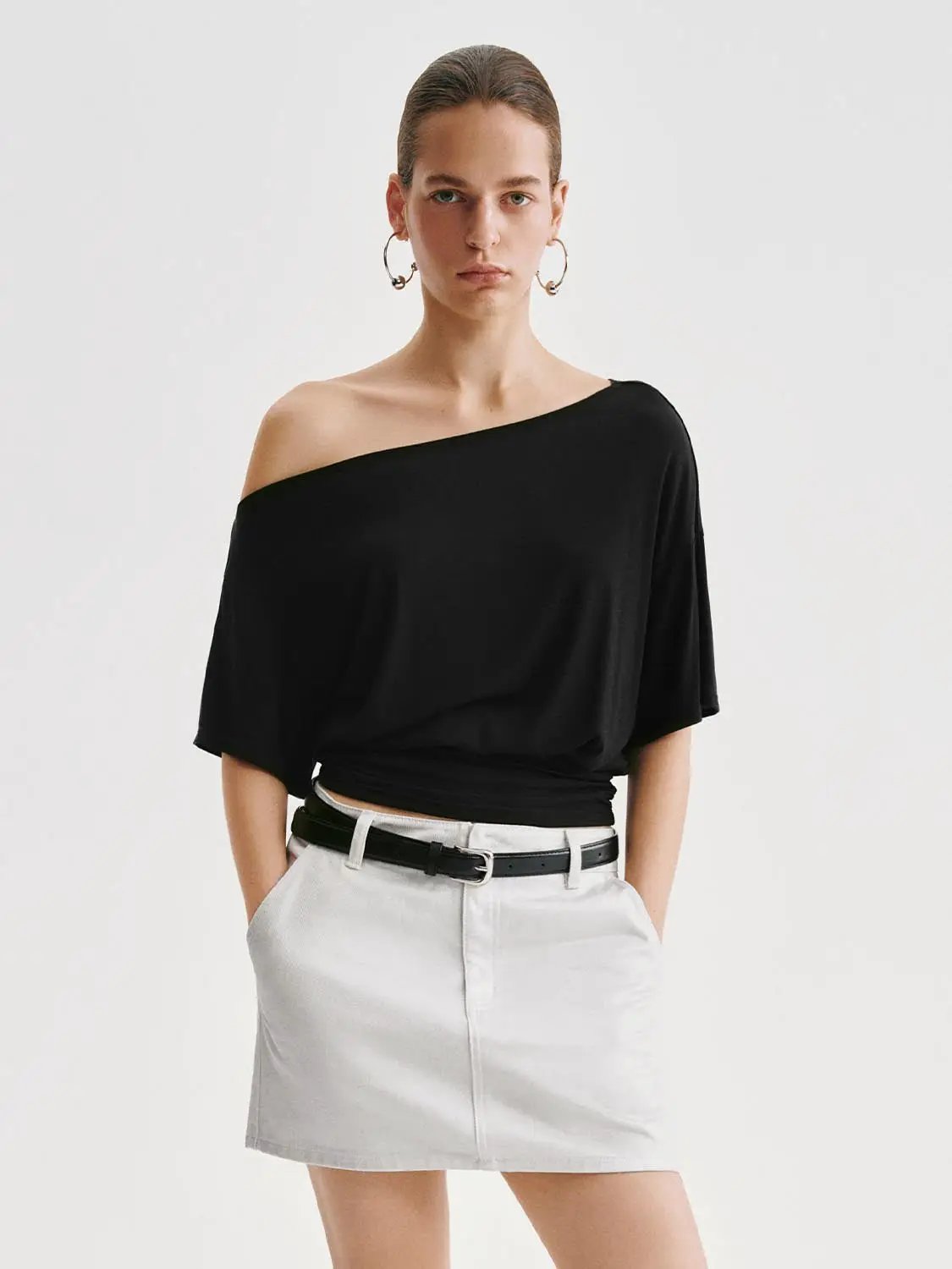 Asymmetric One-shoulder Draped Stretch T-shirt