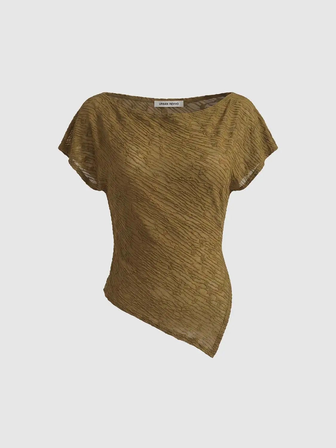 Textured Asymmetric Hem Fitted Boat Neck T-shirt
