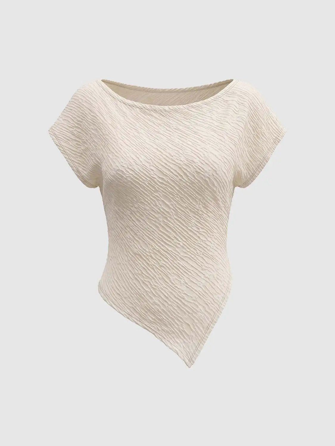 Textured Asymmetric Hem Fitted Boat Neck T-shirt