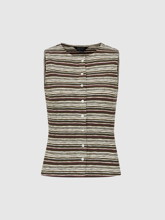 Ribbed Striped Button Front Crew Neck Sleeveless Cotton Blend Tank Top