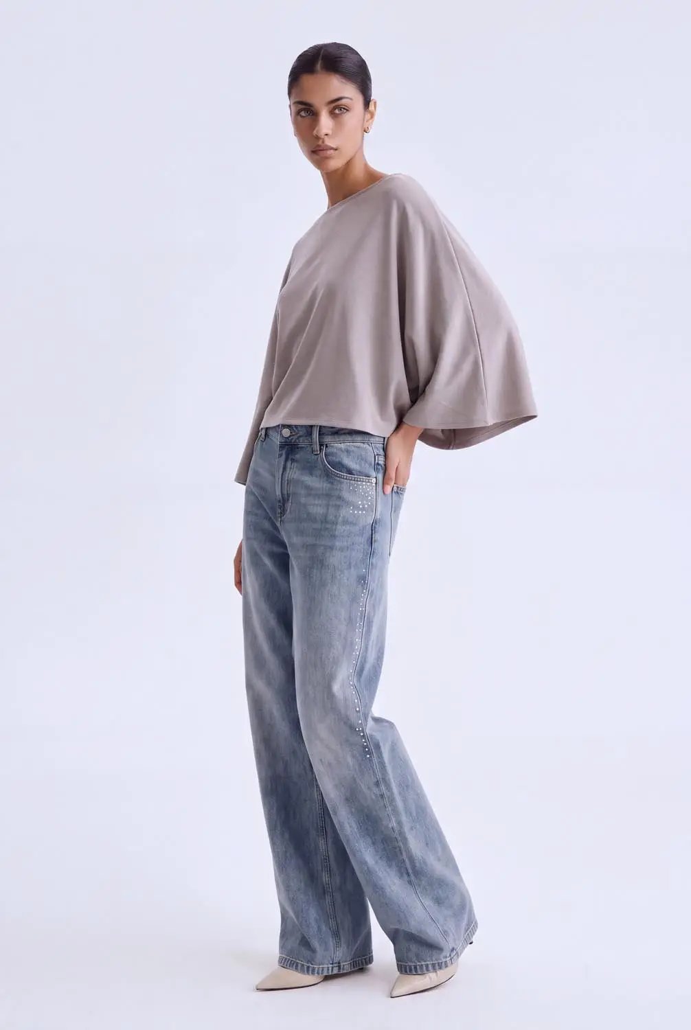 Cropped Draped Boat Neck Long Sleeve Cotton Blend T-Shirt