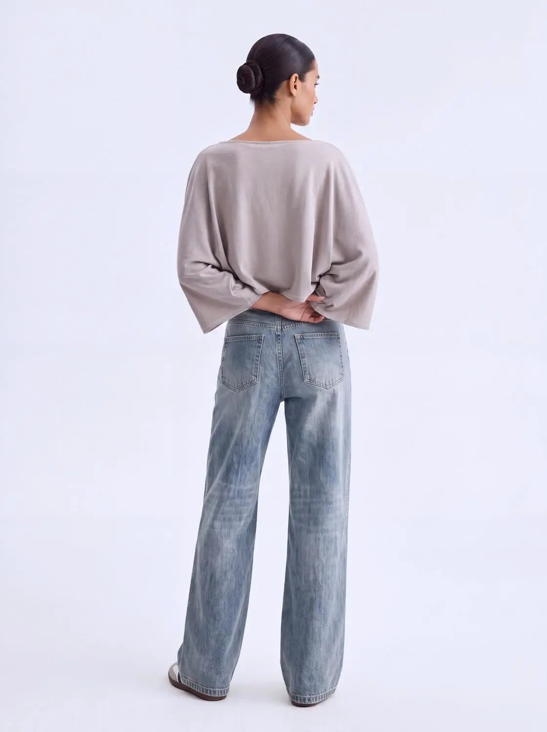 Cropped Draped Boat Neck Long Sleeve Cotton Blend T-Shirt