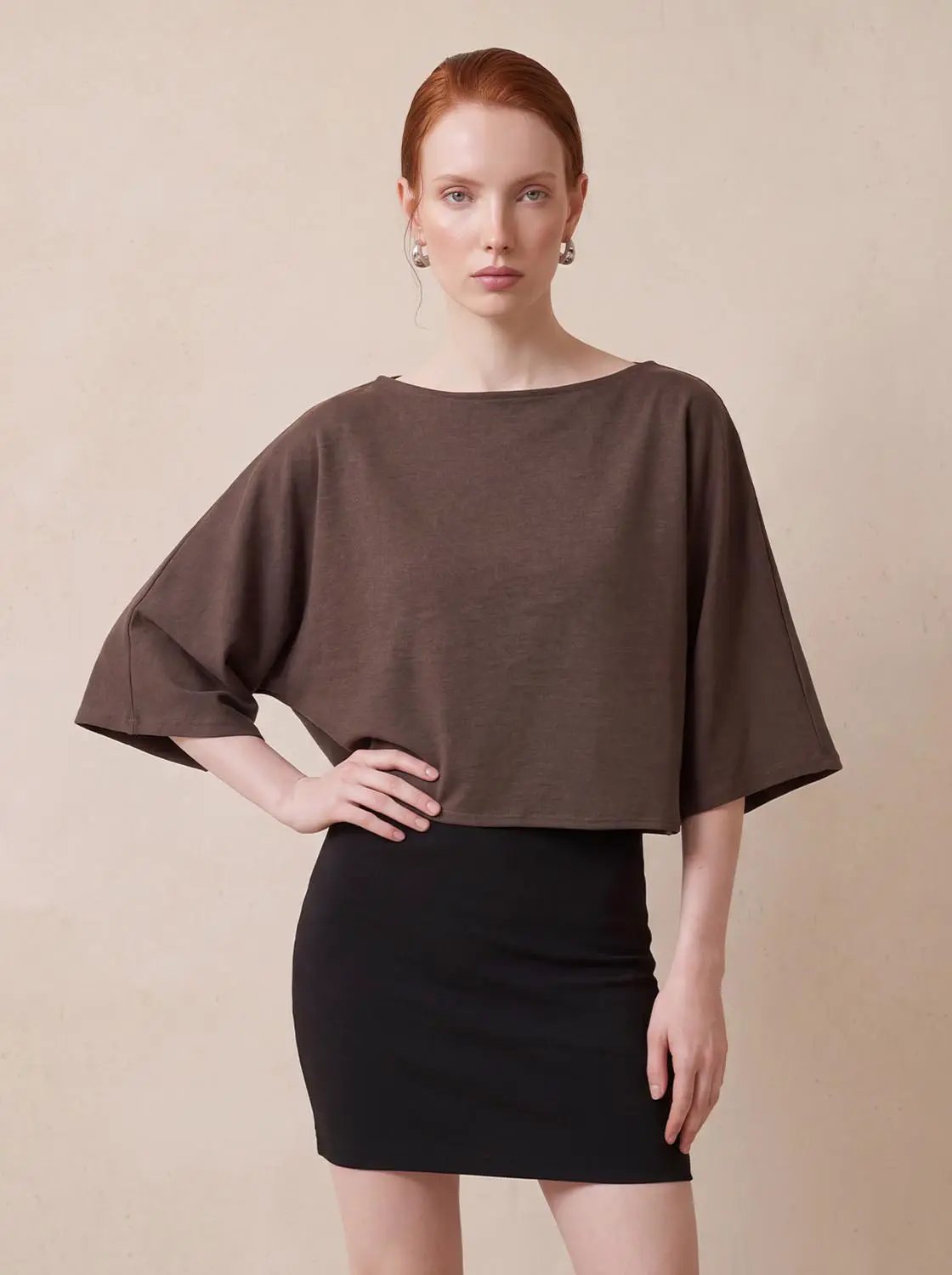 Cropped Draped Boat Neck Long Sleeve Cotton Blend T-Shirt