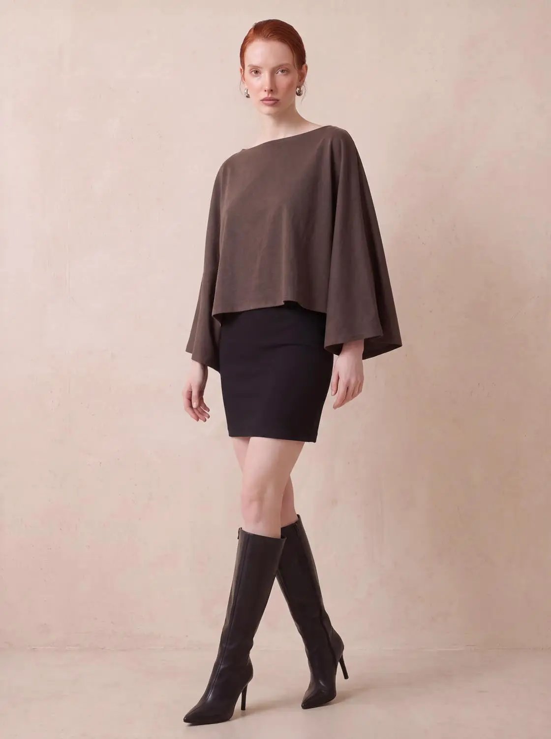 Cropped Draped Boat Neck Long Sleeve Cotton Blend T-Shirt