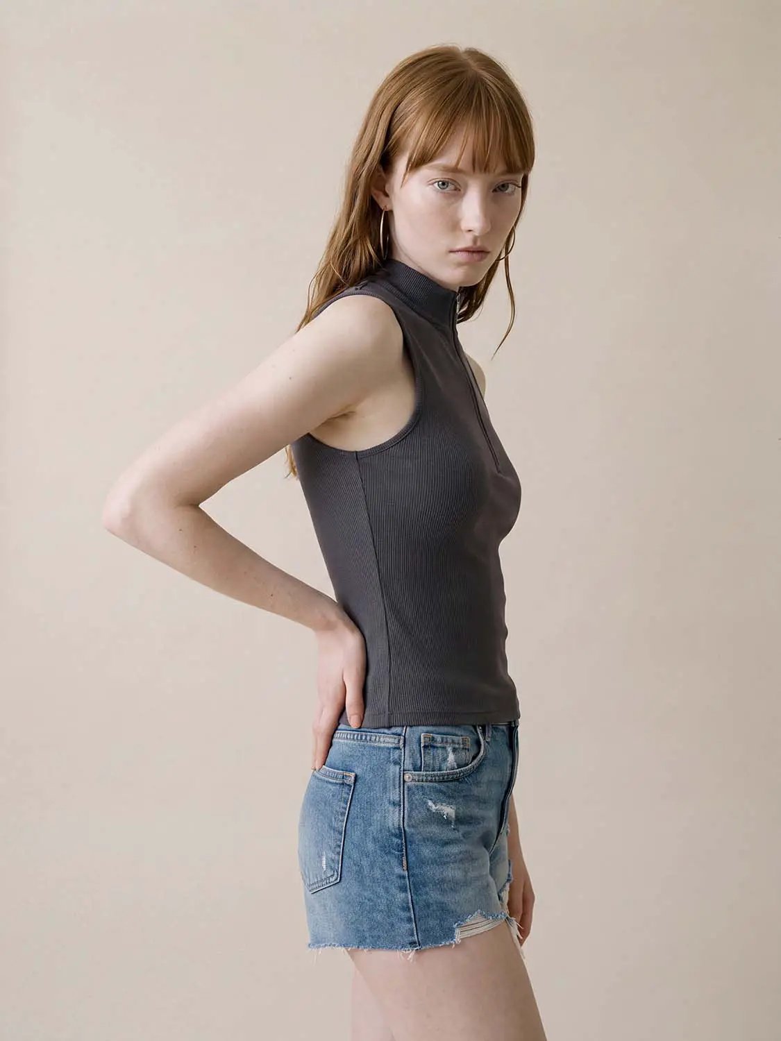 Fitted Half-zip Mock Neck Sleeveless Tank Top