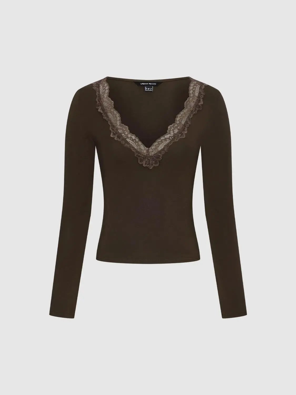 Lace Trimmed Fitted V-Neck Long Sleeve T-Shirt