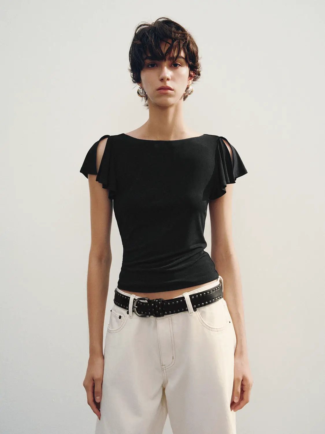 Fitted Ruffle Cold Shoulder Short Sleeve T-Shirt
