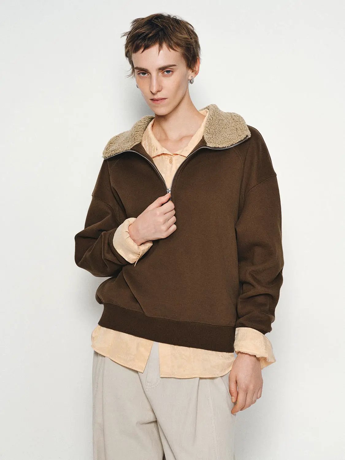 Faux Fur Collar Half Zip Ribbed Long Sleeve Sweatshirt