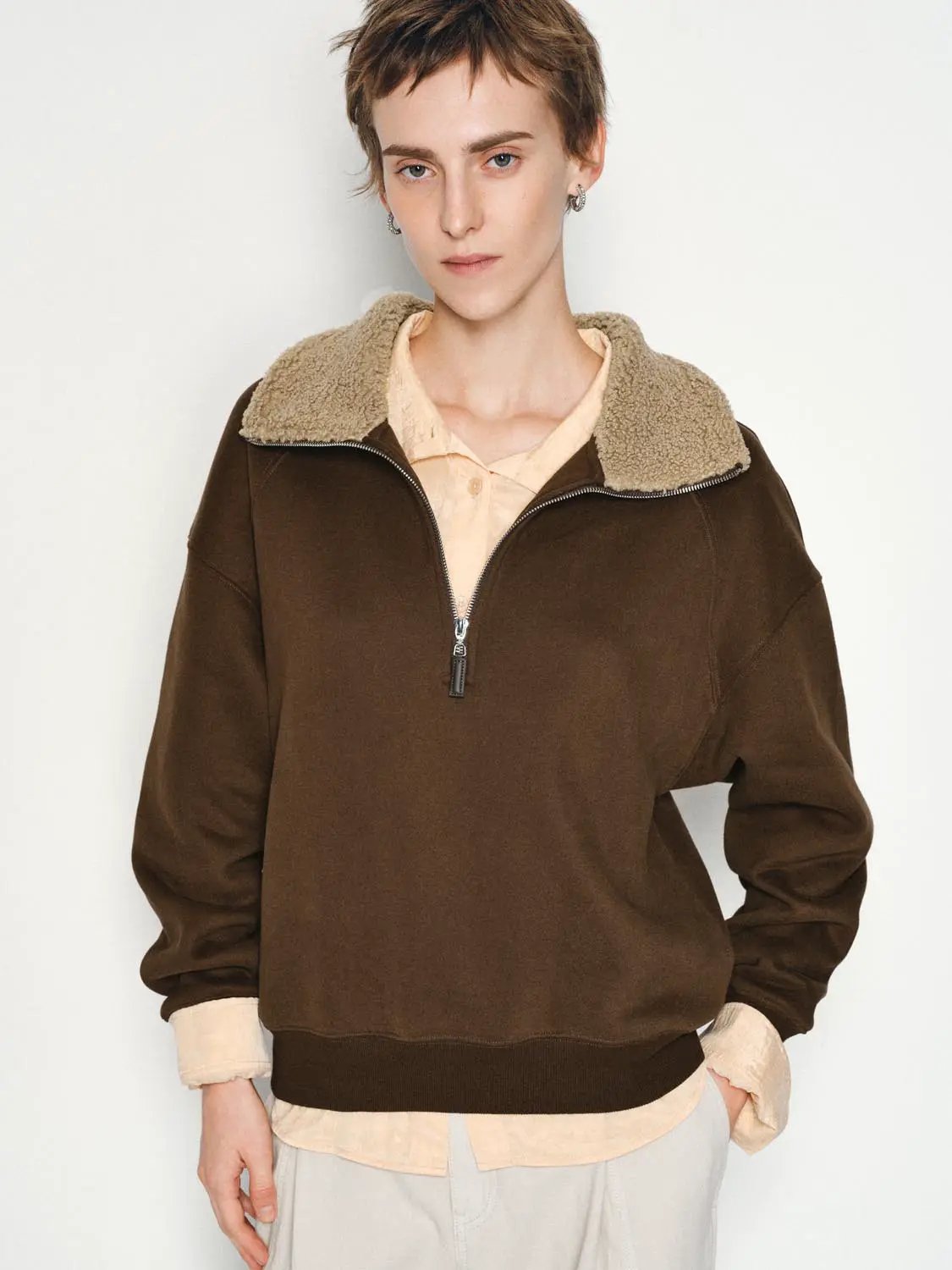 Faux Fur Collar Half Zip Ribbed Long Sleeve Sweatshirt