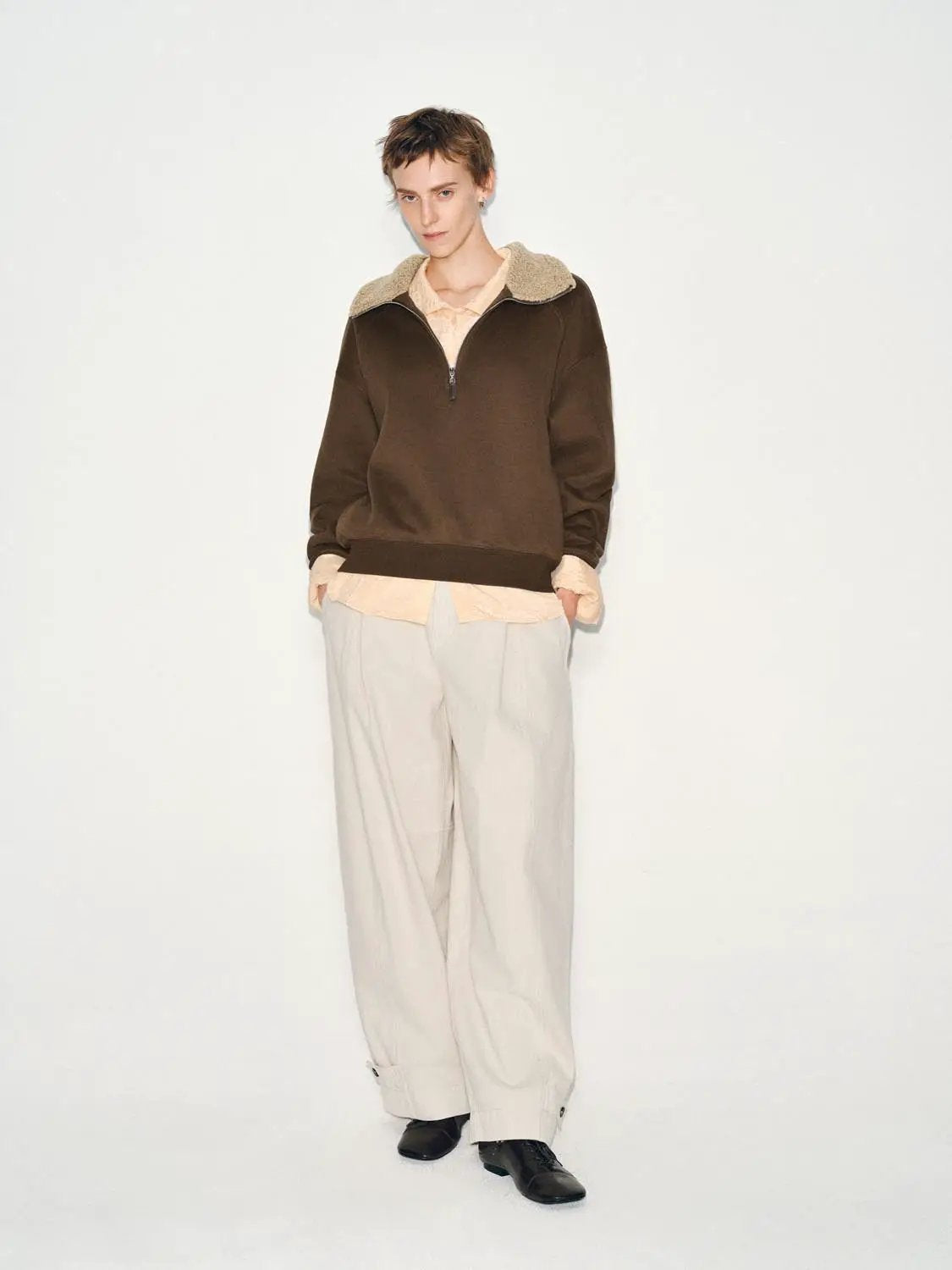 Faux Fur Collar Half Zip Ribbed Long Sleeve Sweatshirt