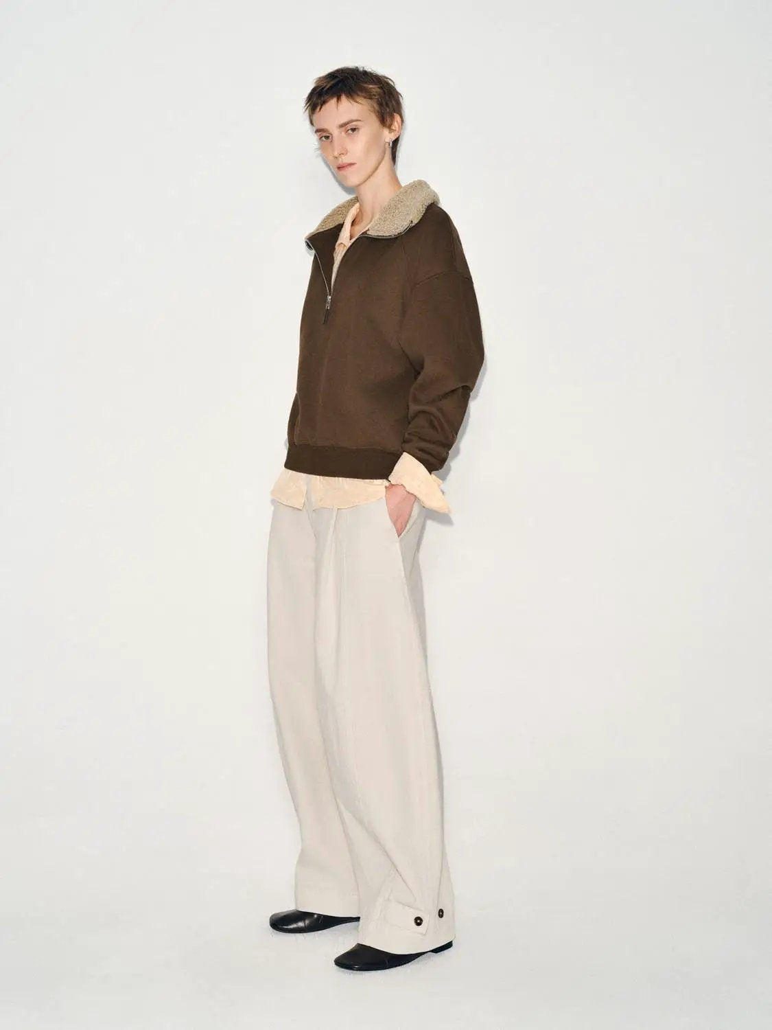 Faux Fur Collar Half Zip Ribbed Long Sleeve Sweatshirt