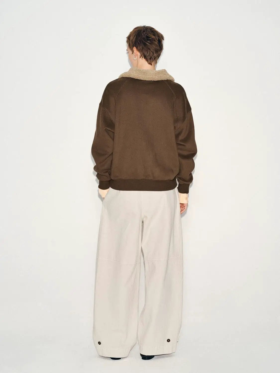 Faux Fur Collar Half Zip Ribbed Long Sleeve Sweatshirt
