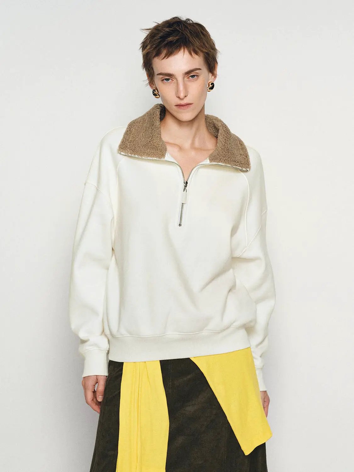 Faux Fur Collar Half Zip Ribbed Long Sleeve Sweatshirt