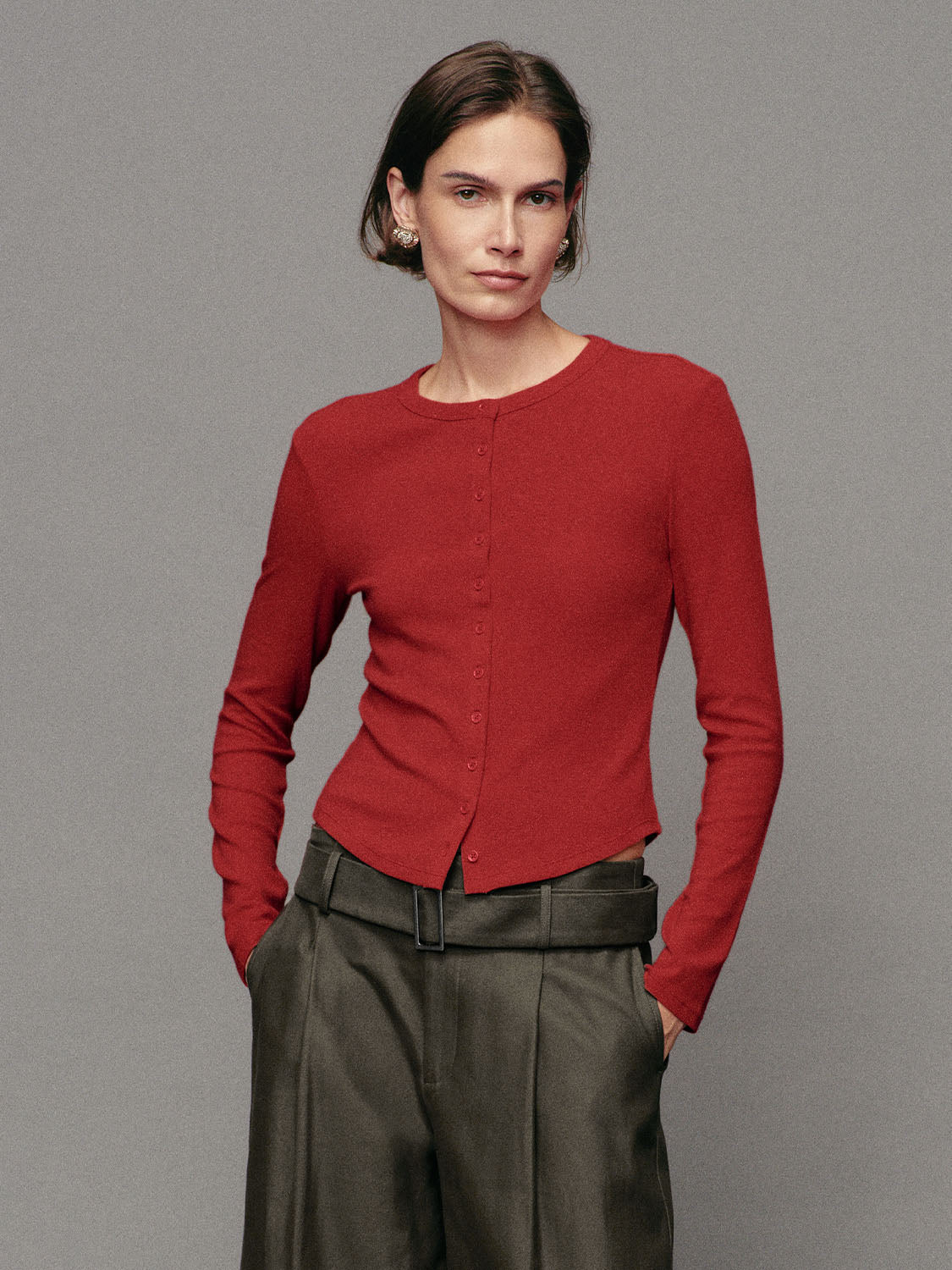 Button Front Ribbed Crew Neck Long Sleeve Cardigan