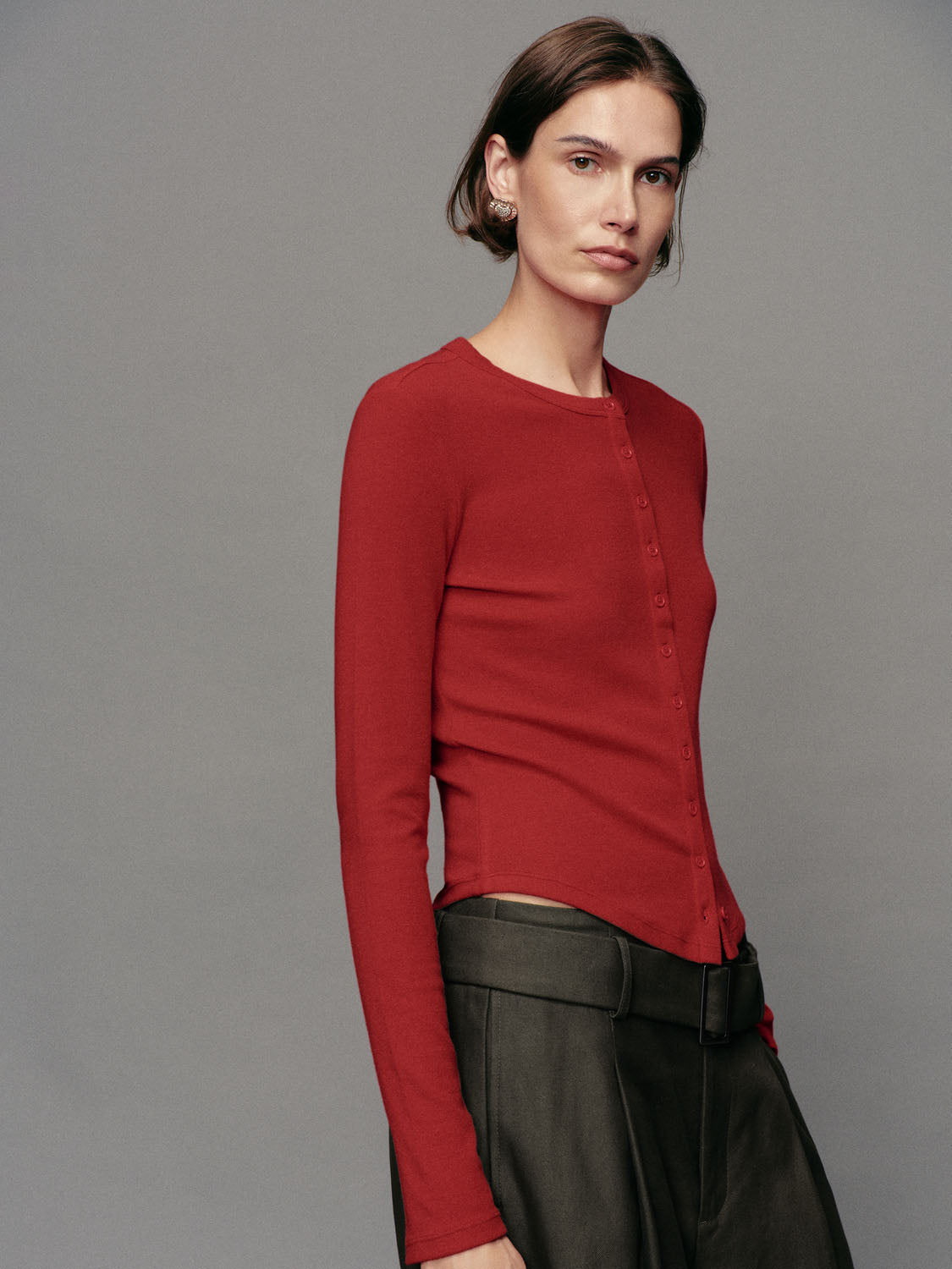 Button Front Ribbed Crew Neck Long Sleeve Cardigan