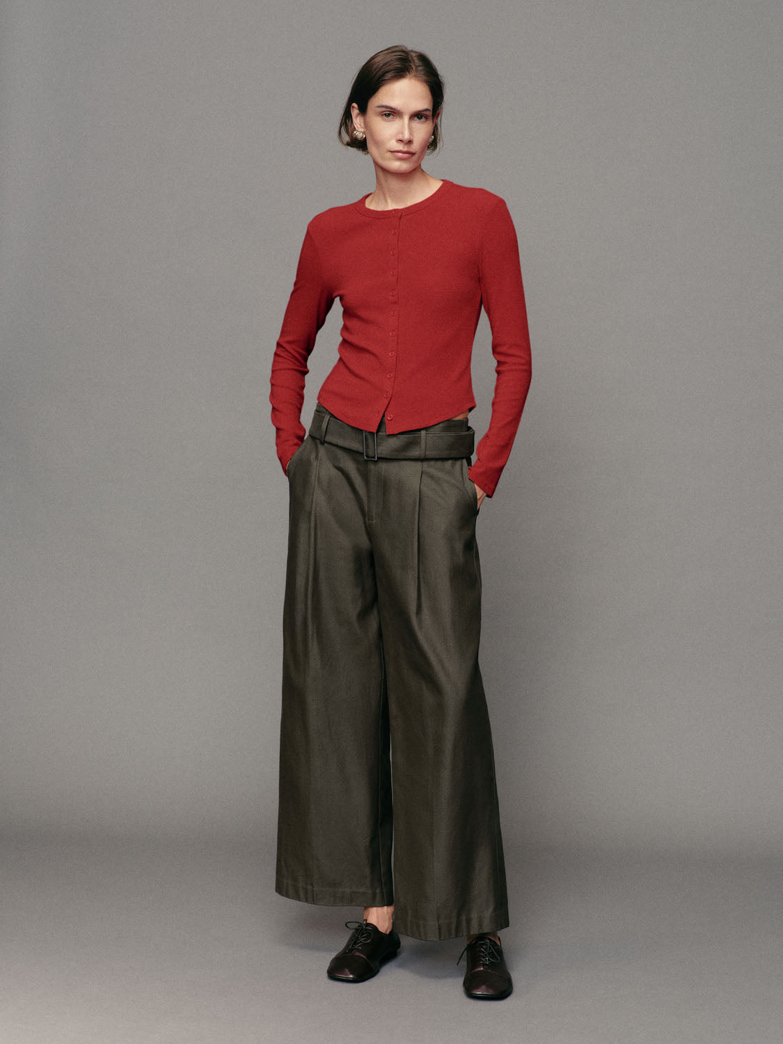 Button Front Ribbed Crew Neck Long Sleeve Cardigan