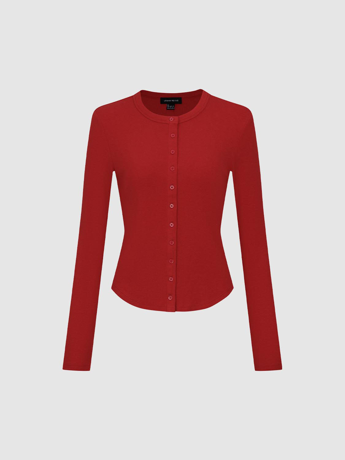 Button Front Ribbed Crew Neck Long Sleeve Cardigan