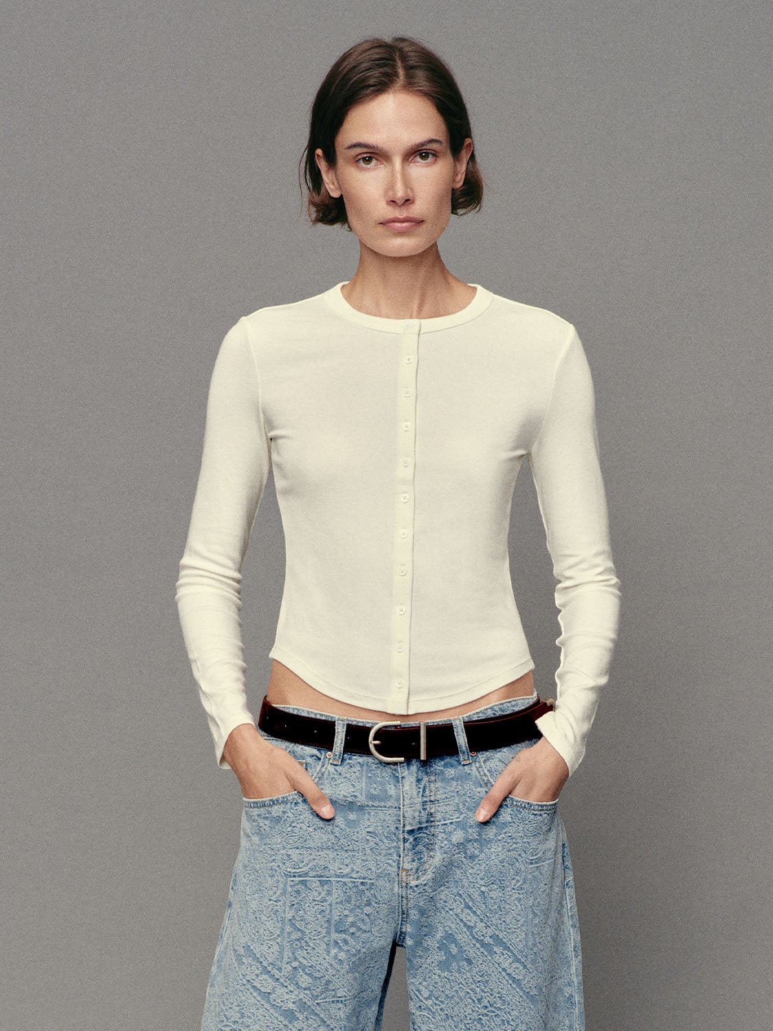 Button Front Ribbed Crew Neck Long Sleeve Cardigan