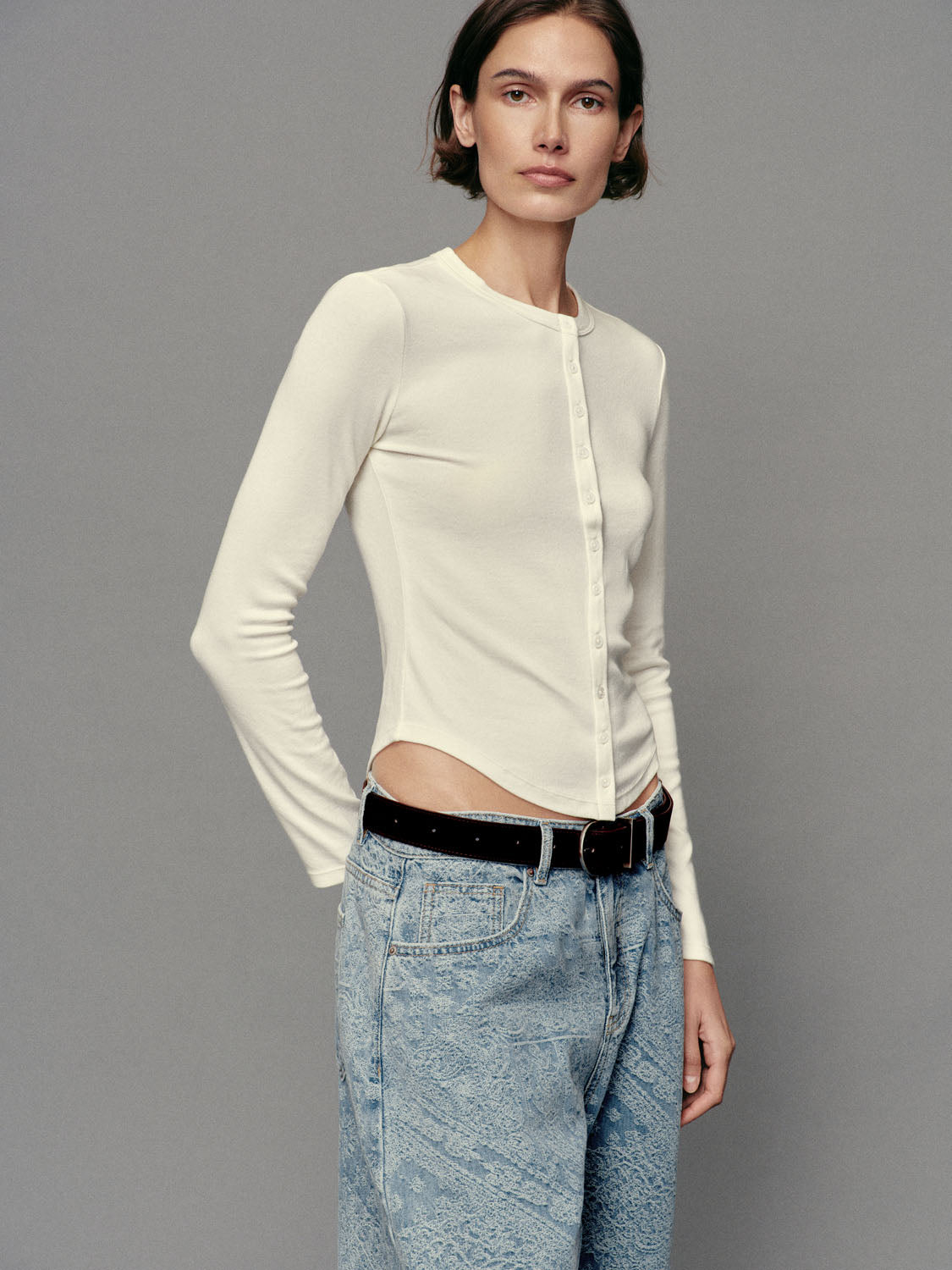 Button Front Ribbed Crew Neck Long Sleeve Cardigan
