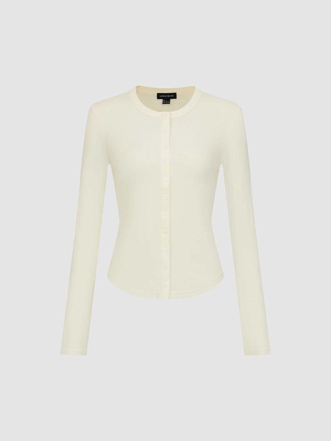 Button Front Ribbed Crew Neck Long Sleeve Cardigan
