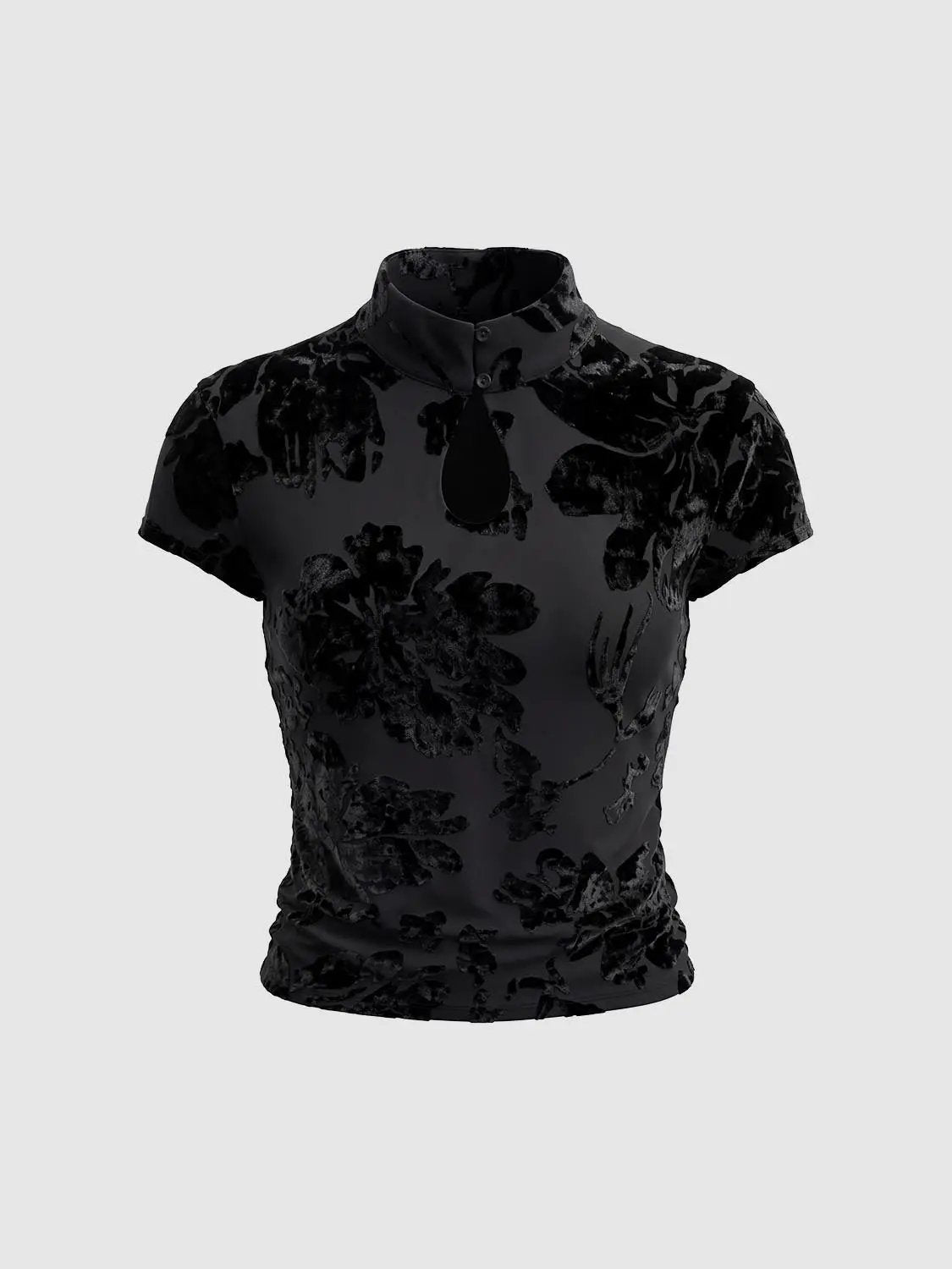 Floral Keyhole Neck Fitted Short Sleeve Blouse