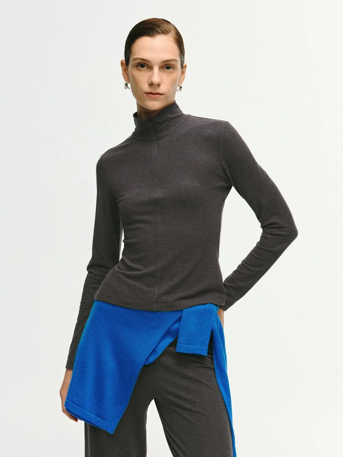 Zip Front Mock Neck Fitted Long Sleeve T-Shirt