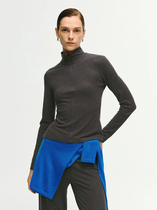 Zip Front Mock Neck Fitted Long Sleeve T-Shirt