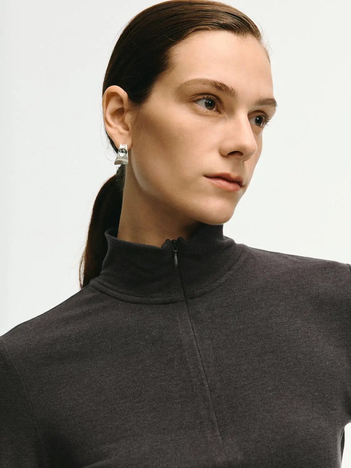 Zip Front Mock Neck Fitted Long Sleeve T-Shirt