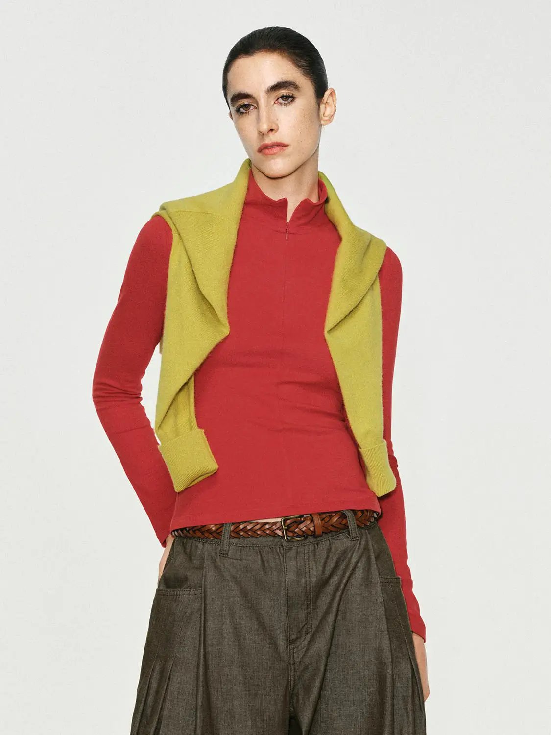 Zip Front Mock Neck Fitted Long Sleeve T-Shirt